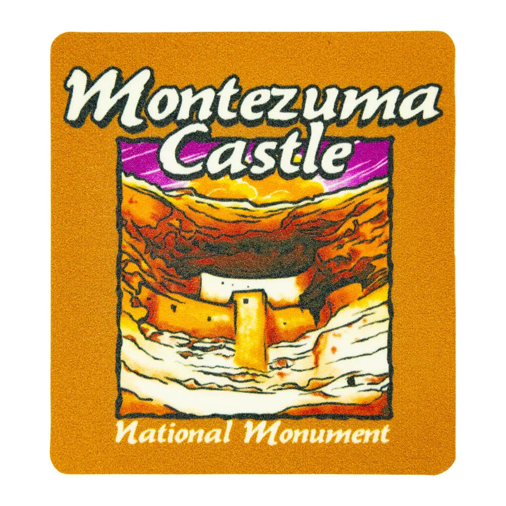 Montezuma Castle National Monument logo with a castle illustration on an orange background