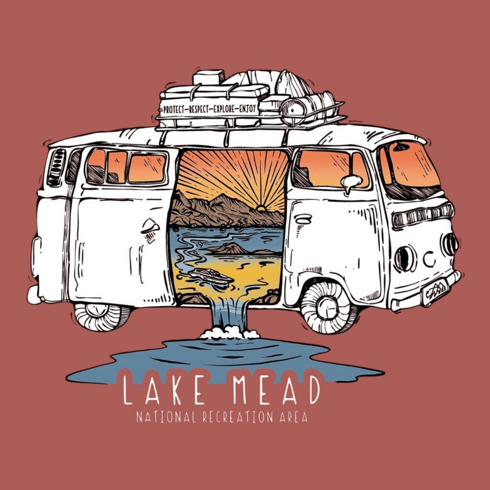 Illustration of a van with a scenic split door on a red background, featuring 'Lake Mead National Recreation Area'.