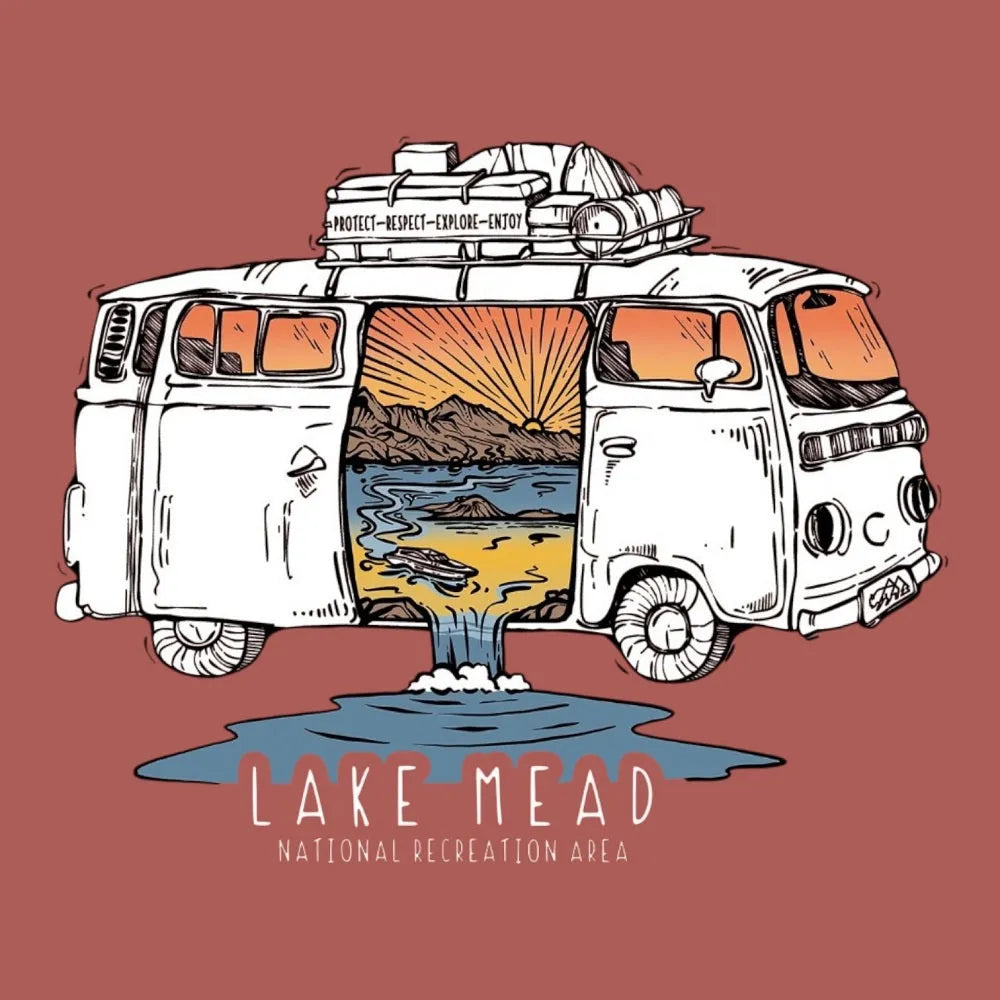Illustration of a van with a scenic split door on a red background, featuring 'Lake Mead National Recreation Area'.
