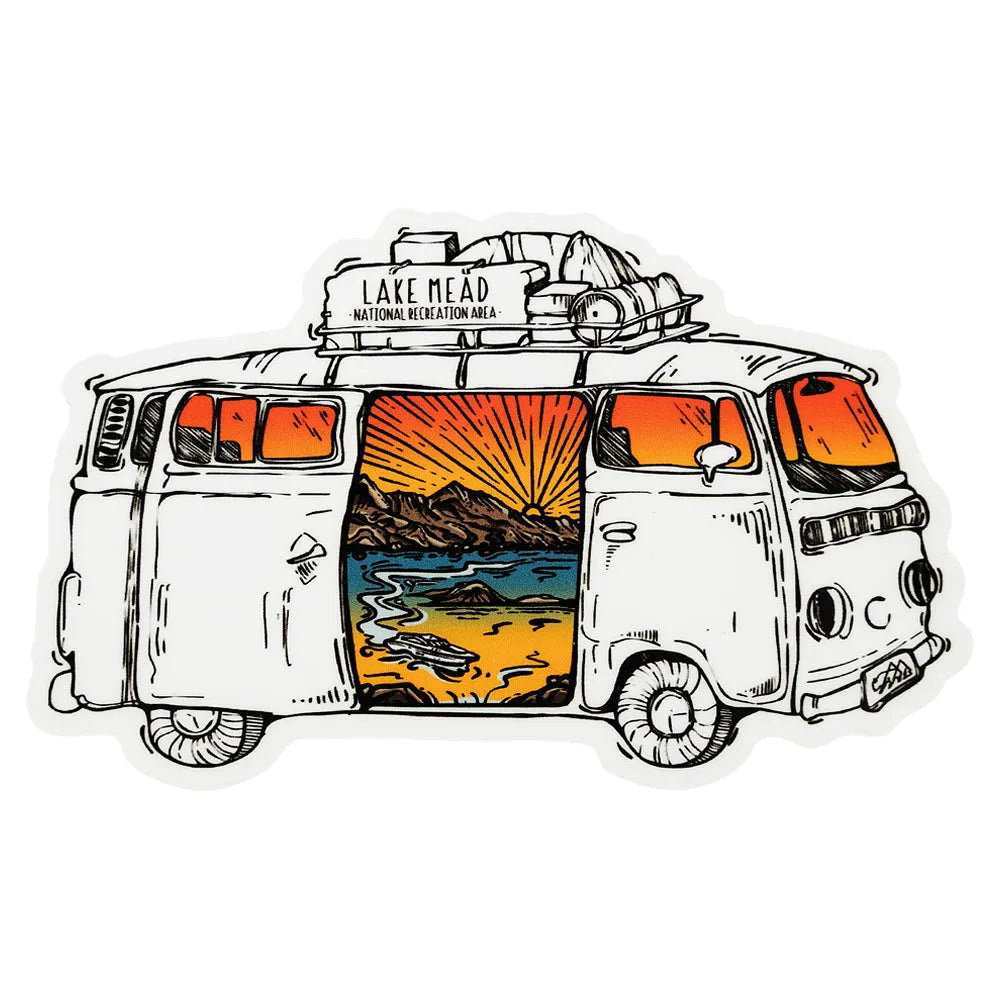Illustration of a camper van with an open door showing a scenic design of Lake Mead National Recreation Area set against a white background
