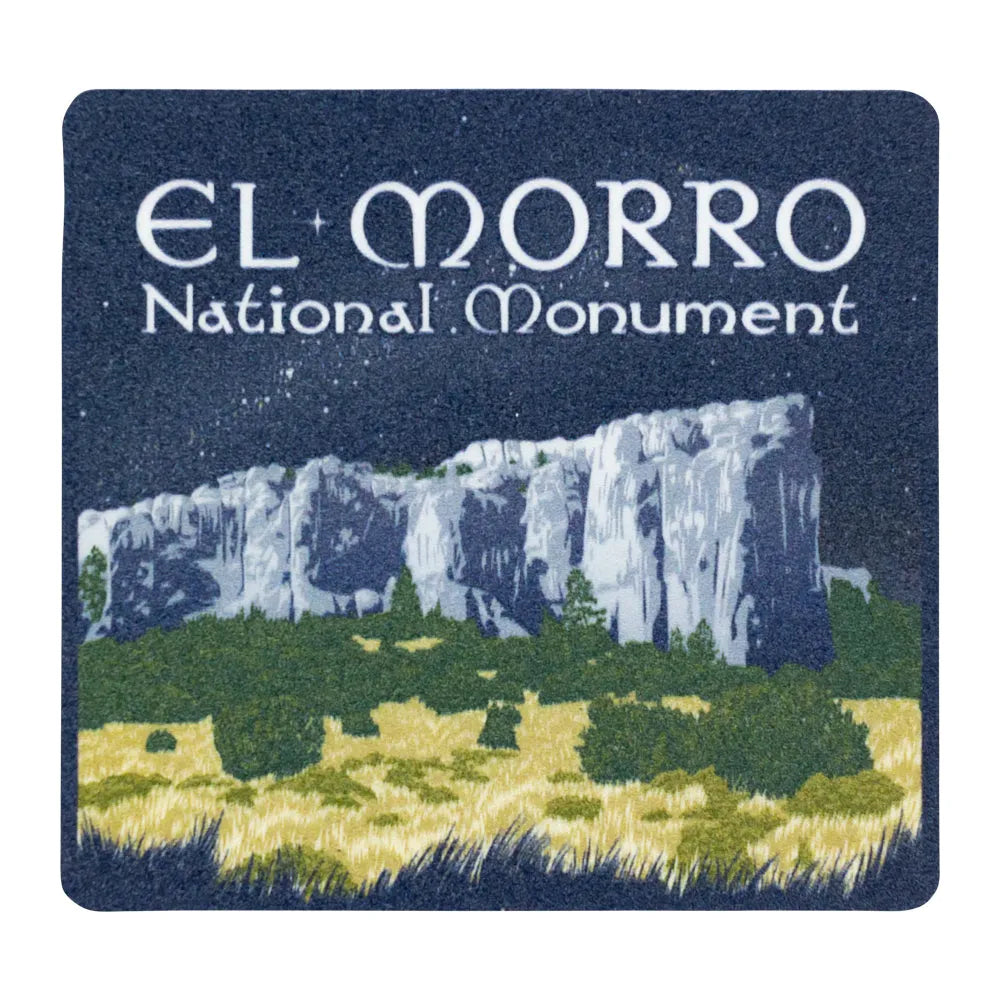 Sticker of El Morro National Monument with a mountain and landscape design on a dark blue background.