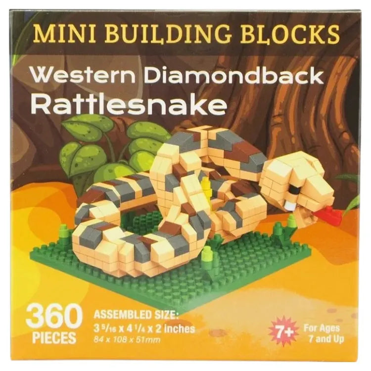 Box of mini building blocks shaped like a Western Diamondback Rattlesnake with assembly instructions and product details.