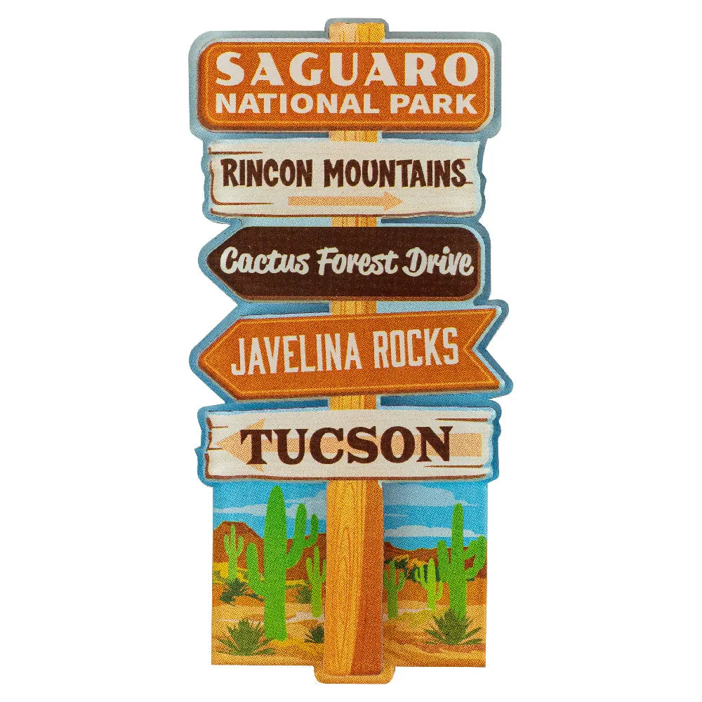 Signpost magnet with directional arrows for Saguaro National Park and Tucson on a white background.