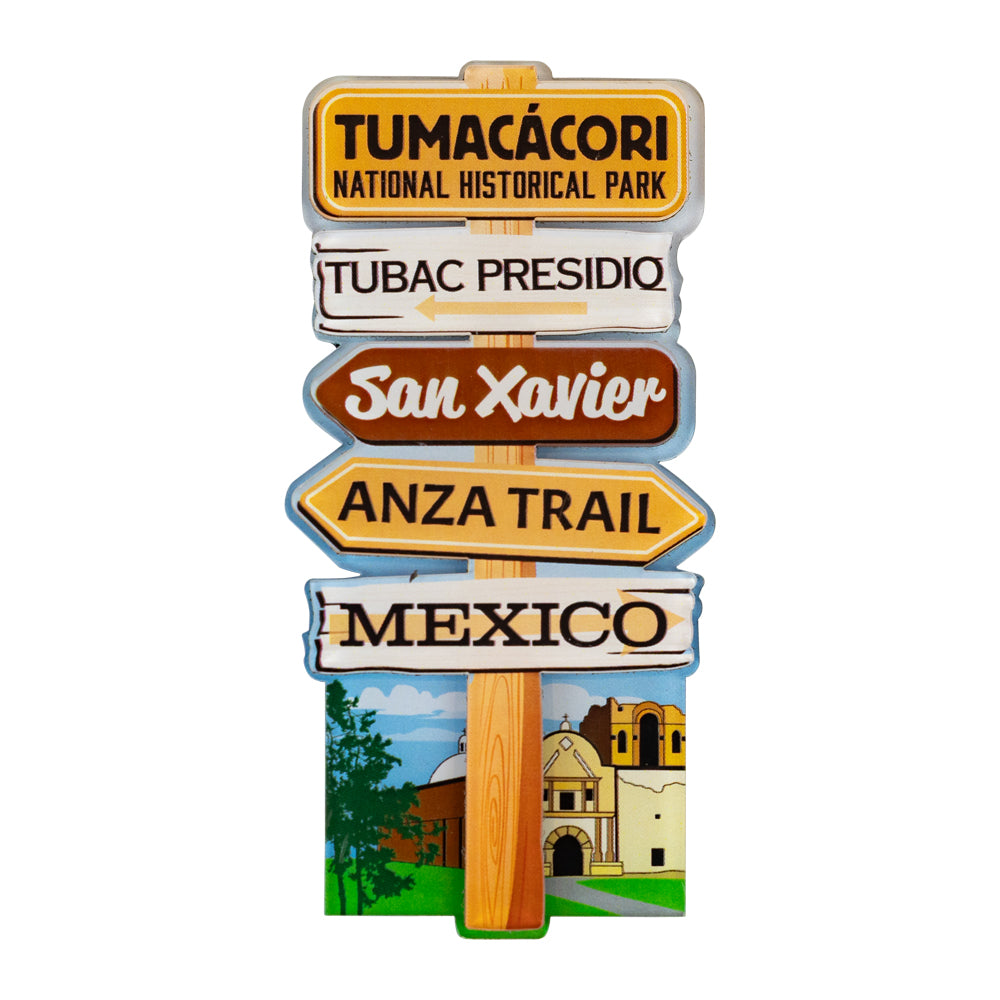 Decorative magnet with directional arrows for Tumacócori National Historical Park and other locations on a white background.