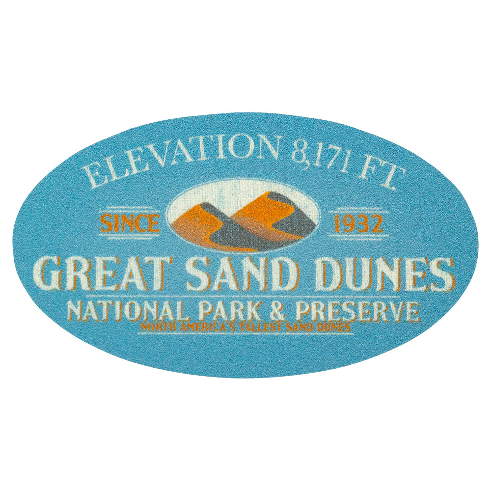 Sticker of Great Sand Dunes National Park and Preserve with text and mountain illustration.