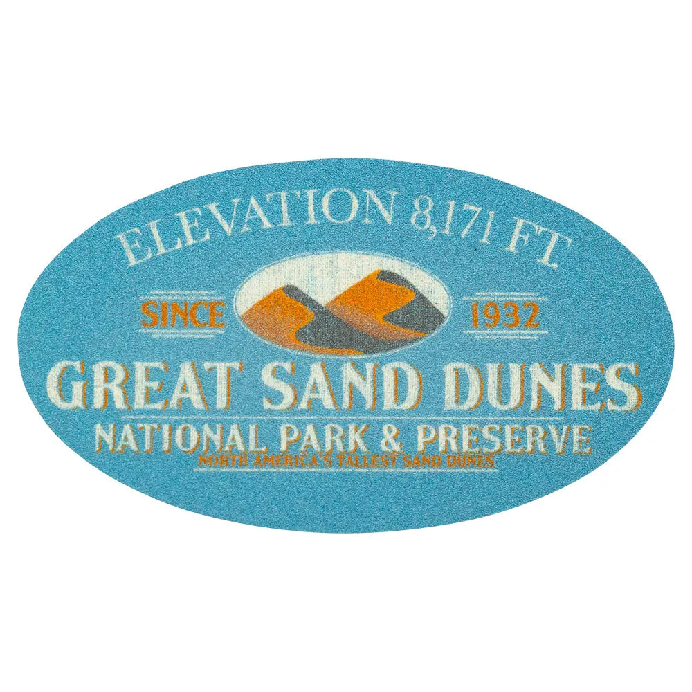 Sticker of Great Sand Dunes National Park and Preserve with text and mountain illustration.