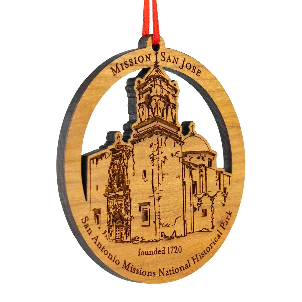 Wooden ornament with Mission San Jose design on a white background