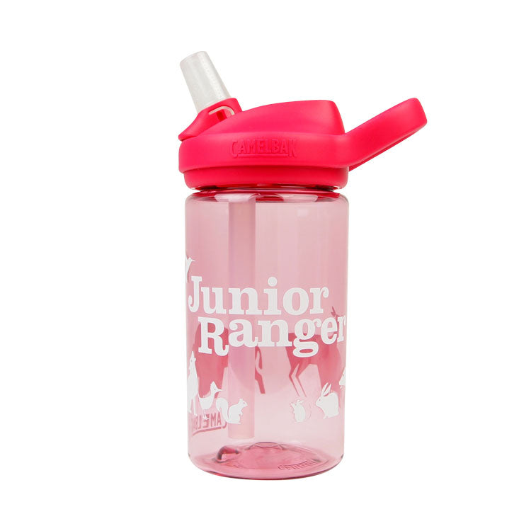 Pink water bottle with 'Junior Ranger' text and white design on a white background
