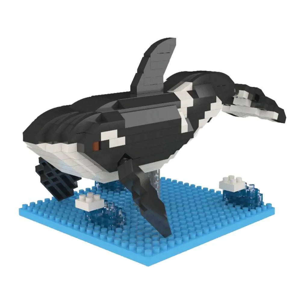 Black and white orca whale mini block building set against a white background.