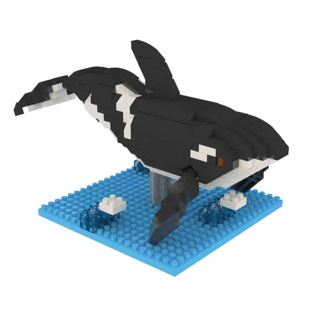Black and white orca whale mini block building set against a white background.