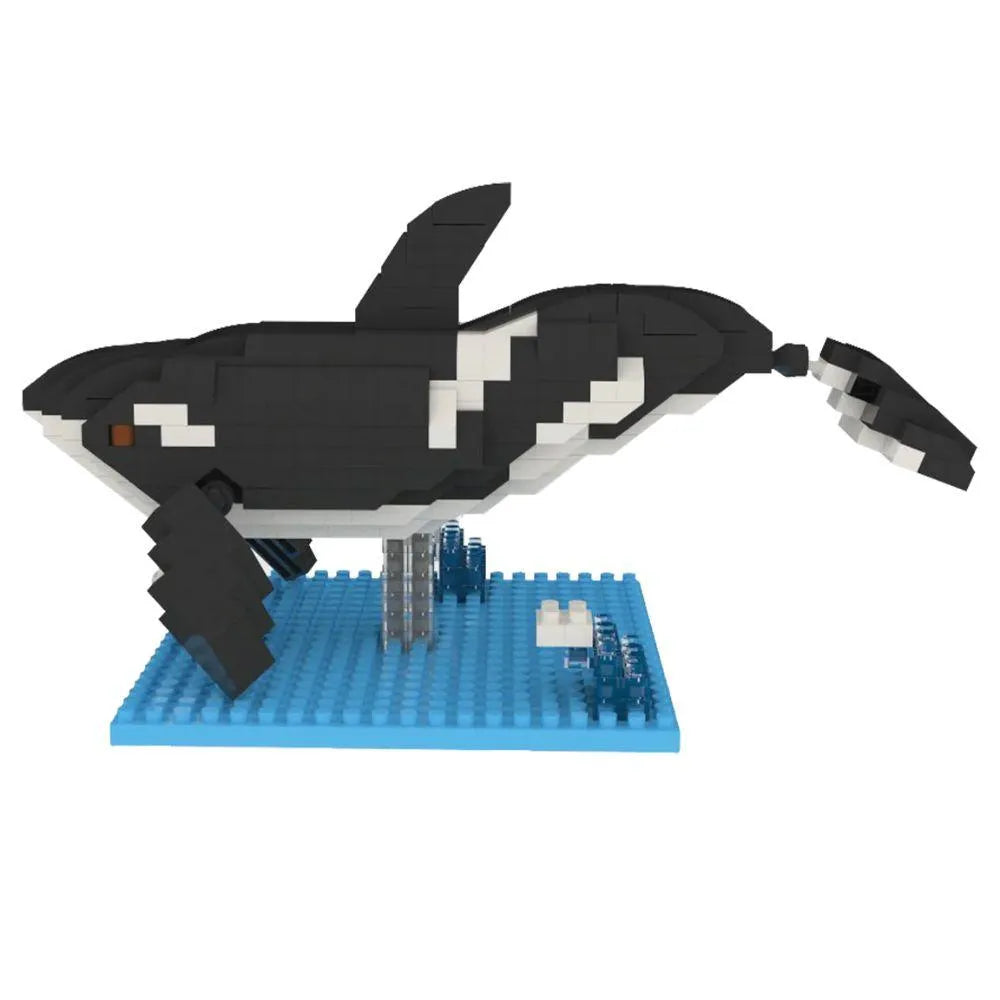 Black and white orca whale mini block building set against a white background.