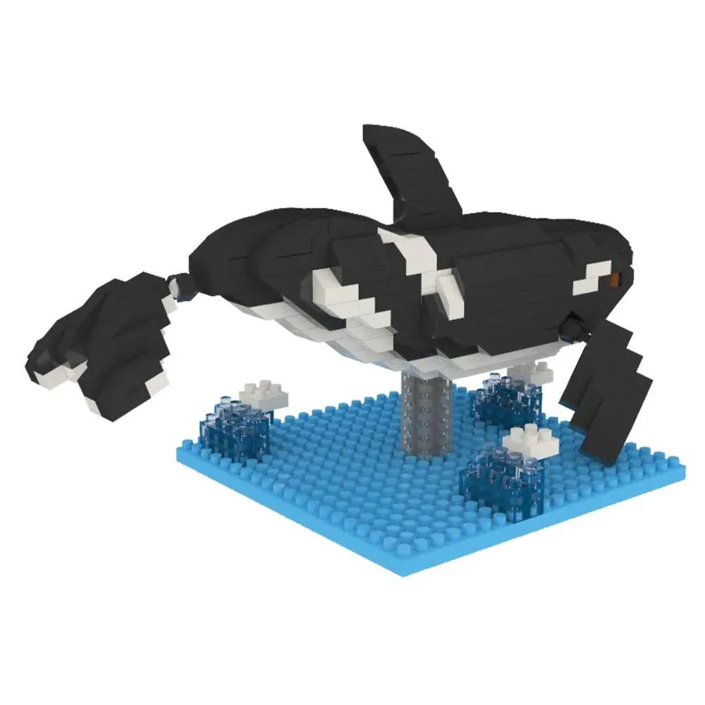 Black and white orca whale mini block building set against a white background.