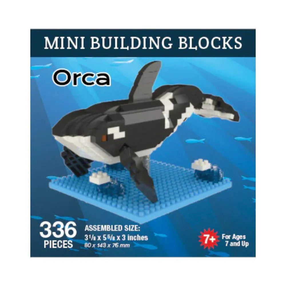Orca building block set packaging with blue water background