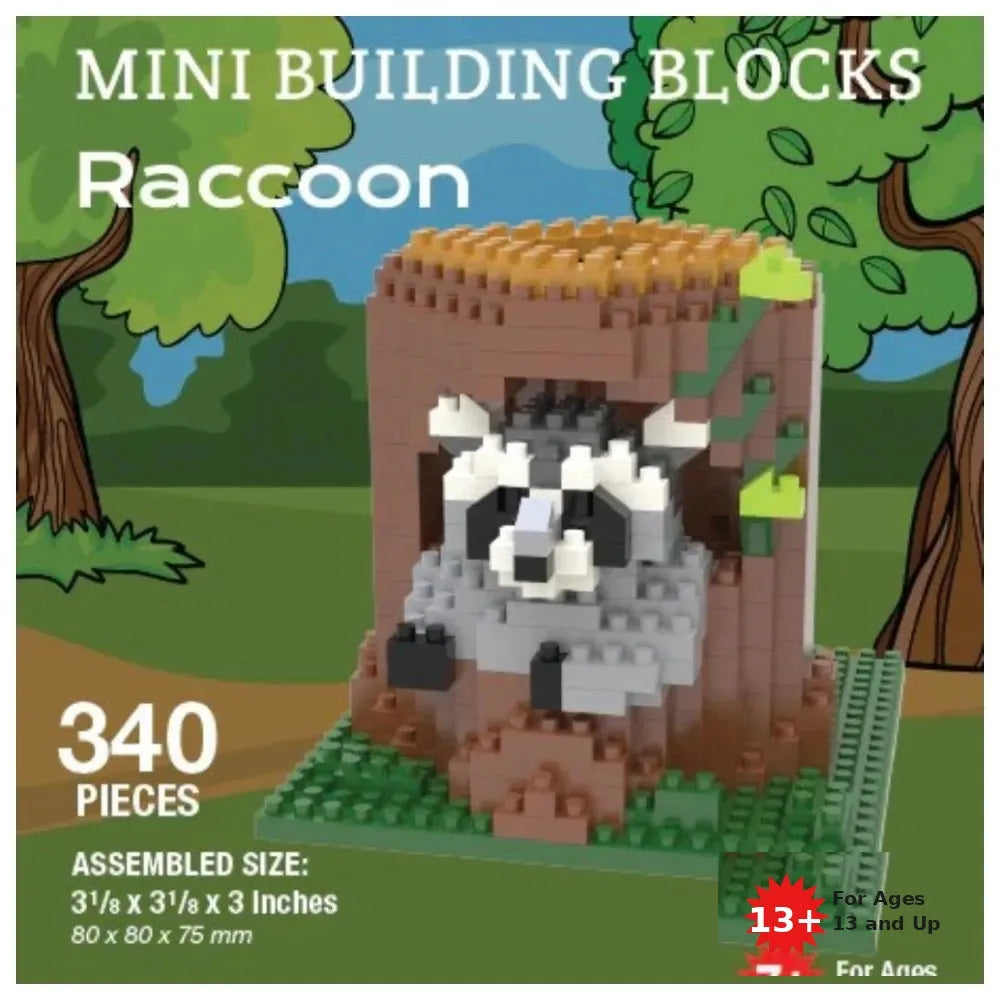 Mini building blocks set featuring an assembled raccoon figure in front of a treehouse, shown on a green base with product text including &