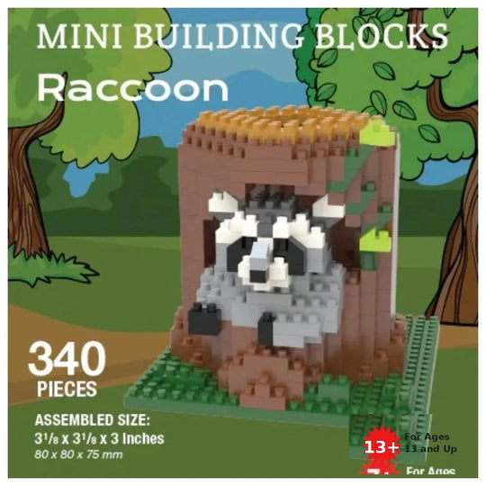 Mini building blocks set featuring an assembled raccoon figure in front of a treehouse, shown on a green base with product text including &