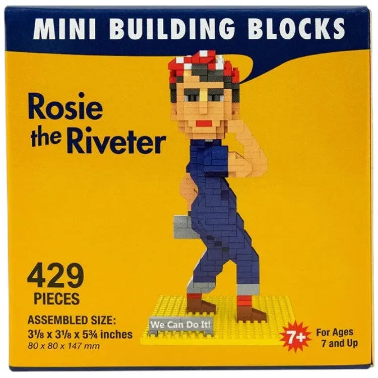 Box of Rosie the Riveter mini building blocks with character on yellow background