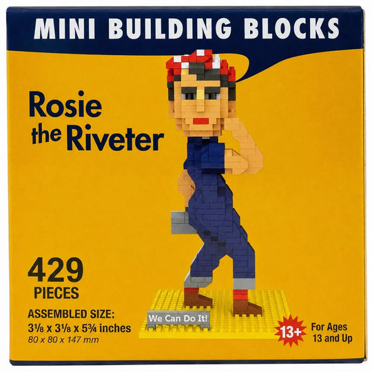 Front of a Mini Building Blocks box featuring Rosie the Riveter, with a yellow background, dark blue header, and text indicating 429 pieces and assembled size 3 1/2 x 3 1/2 x 5 4/5 inches.