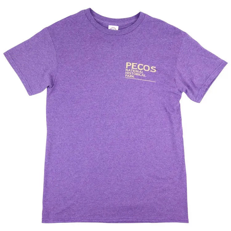 A purple t-shirt with the text 'PECOS NATIONAL HISTORICAL PARK' printed on the front.