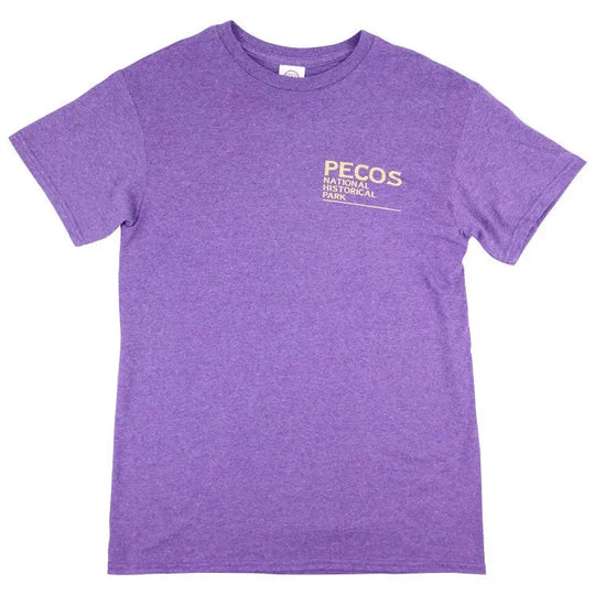 A purple t-shirt with the text 'PECOS NATIONAL HISTORICAL PARK' printed on the front.