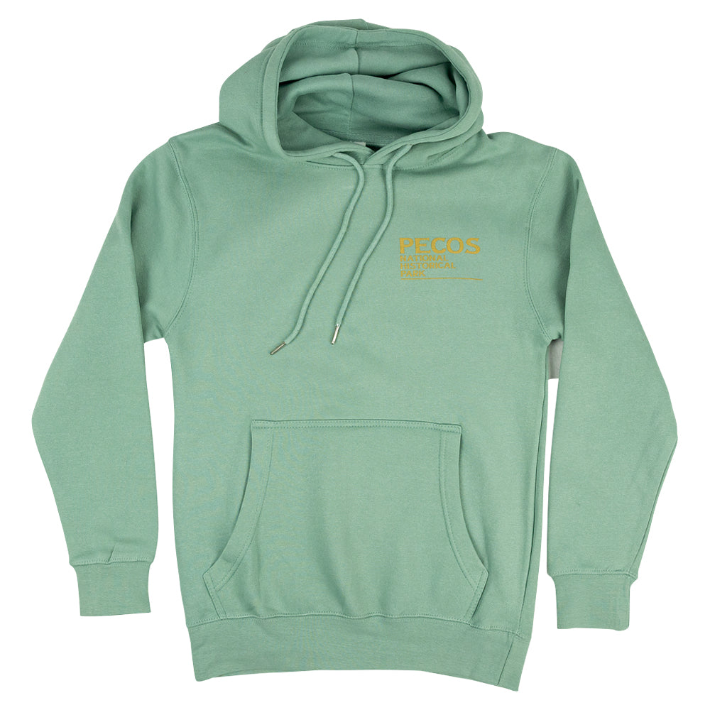 Green hoodie with a Pecos National Historical Park logo on a white background