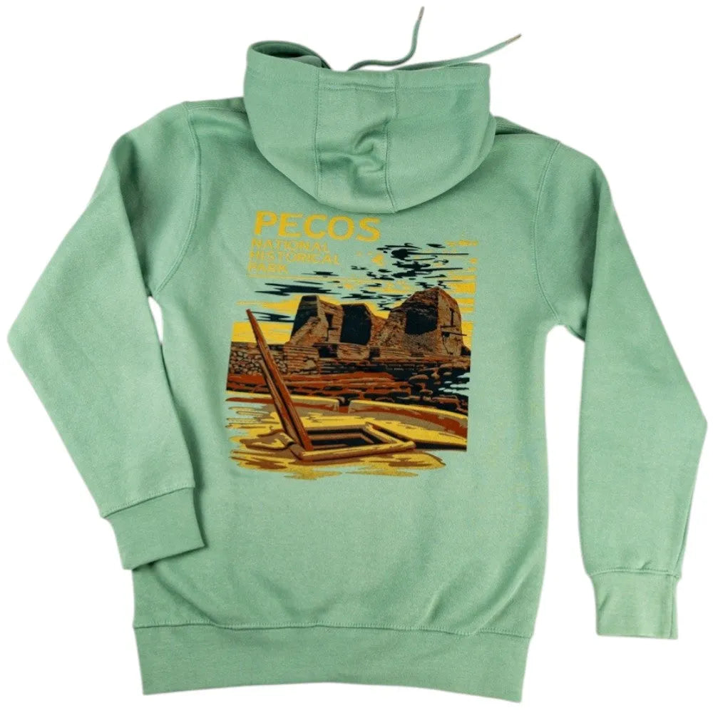 Green hoodie with a Pecos National Historical Park graphic design on the back on a white background