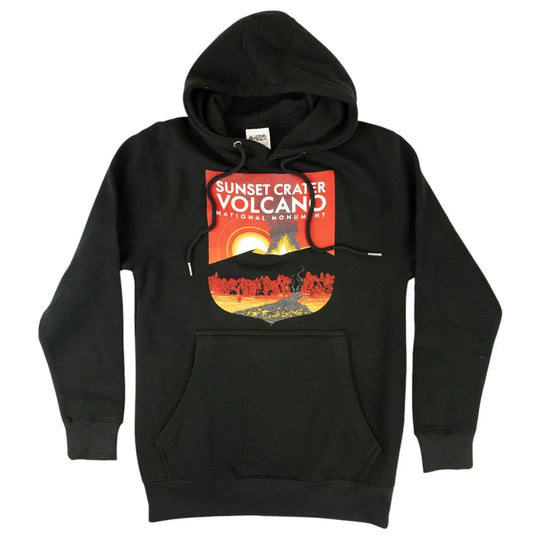 Black hoodie with a Sunset Crater Volcano National Monument graphic design on a white background