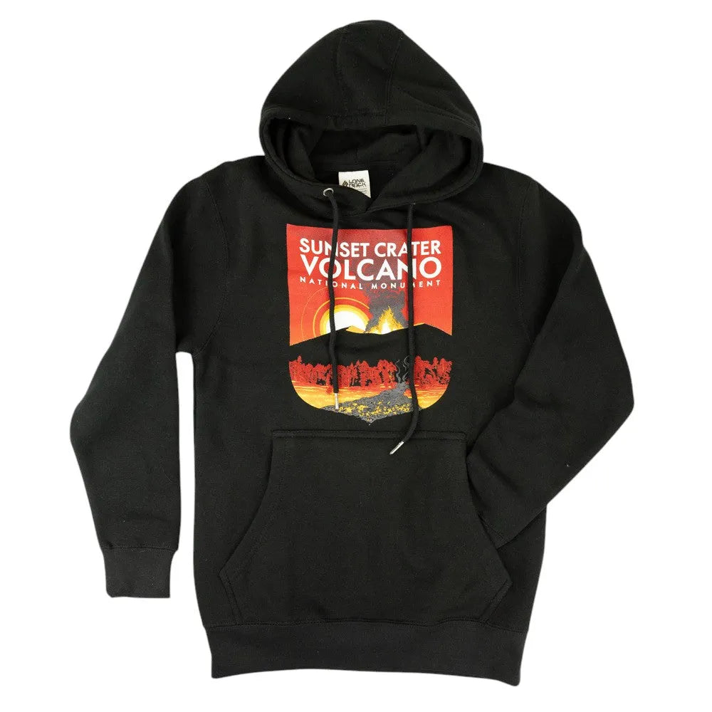 Black hoodie with a graphic design of Sunset Crater Volcano National Monument on a white background