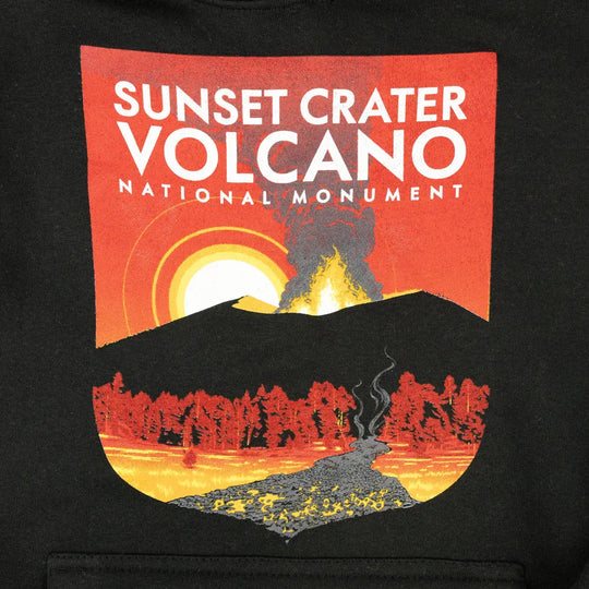 Black hoodie with 'Sunset Crater Volcano National Monument' graphic design.