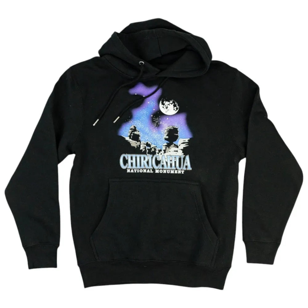 Black hoodie with Chiricahua National Monument graphic on a white background