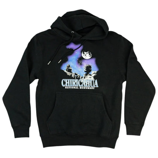 Black hoodie with Chiricahua National Monument graphic on a white background
