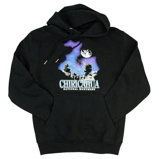 Black hoodie with Chiricahua National Monument graphic on a white background