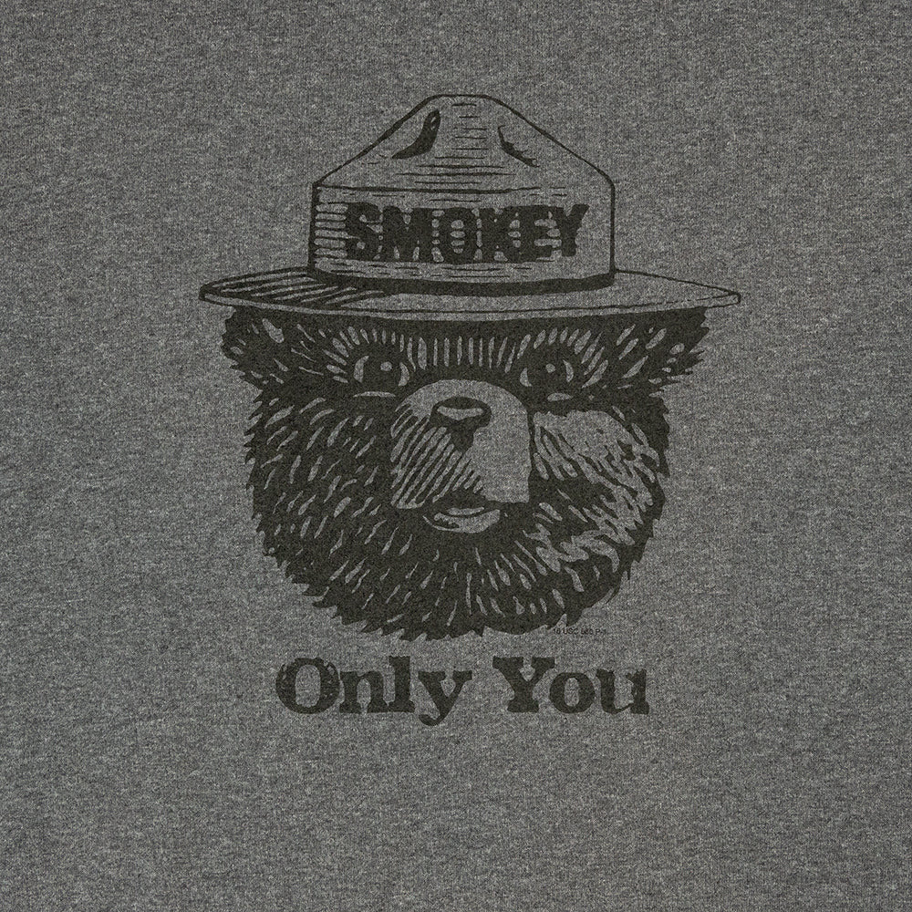Black and white illustration of a bear wearing a hat with 'Smokey' text on a gray background.