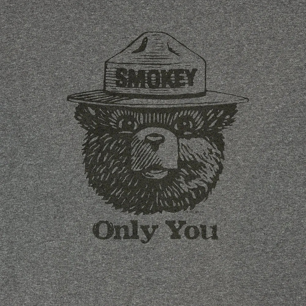 Black and white illustration of a bear wearing a hat with 'Smokey' text on a gray background.