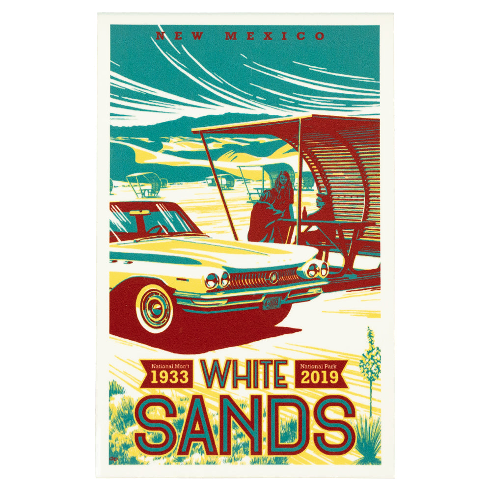 Sticker featuring vintage-style art of a car at White Sands National Park with text indicating the year 1933 to 2019.