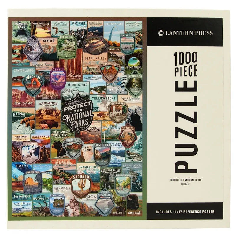 Lantern Press 1000-piece puzzle box featuring a collage of vintage National Park travel posters and badges on the left, with a cream-colored right panel reading &
