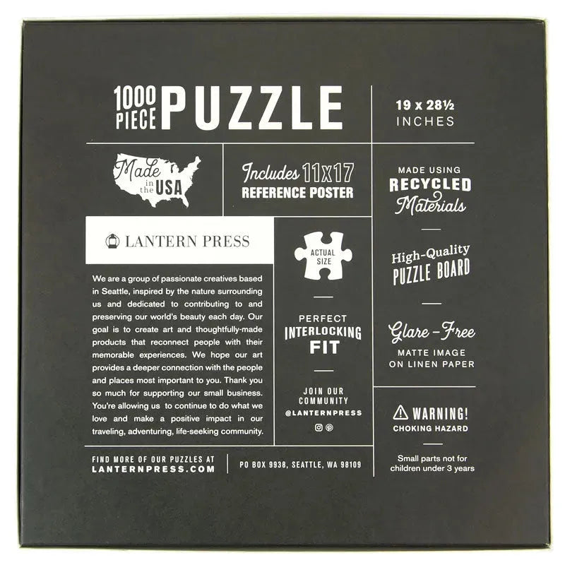 The back of a 1000-piece puzzle box by Lantern Press, featuring a dark charcoal background with white text and graphics detailing product features, materials, and company information.