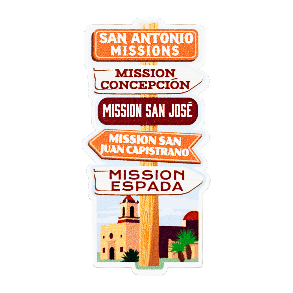 Decorative sign with San Antonio Missions names and a mission illustration on a white background