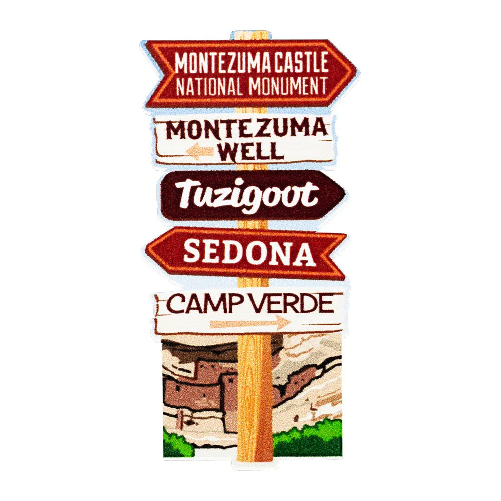 Decorative sticker with directional arrows to Montezuma Castle National Monument and other locations on a white background.
