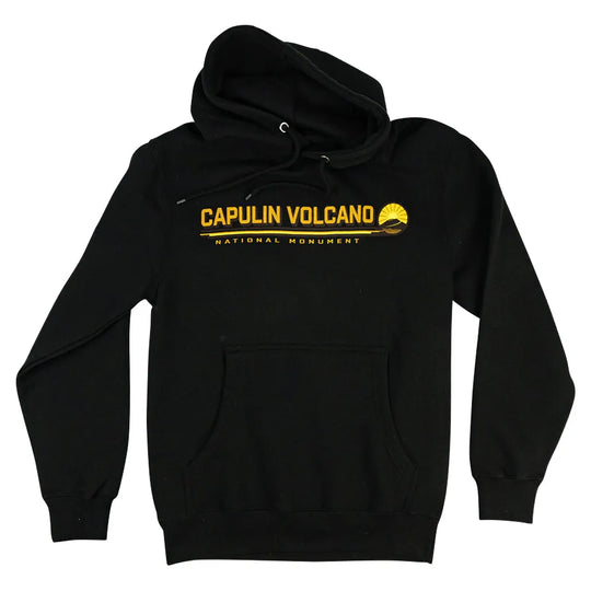 Black hoodie with yellow Capulin Volcano National Monument text and logo on a white background