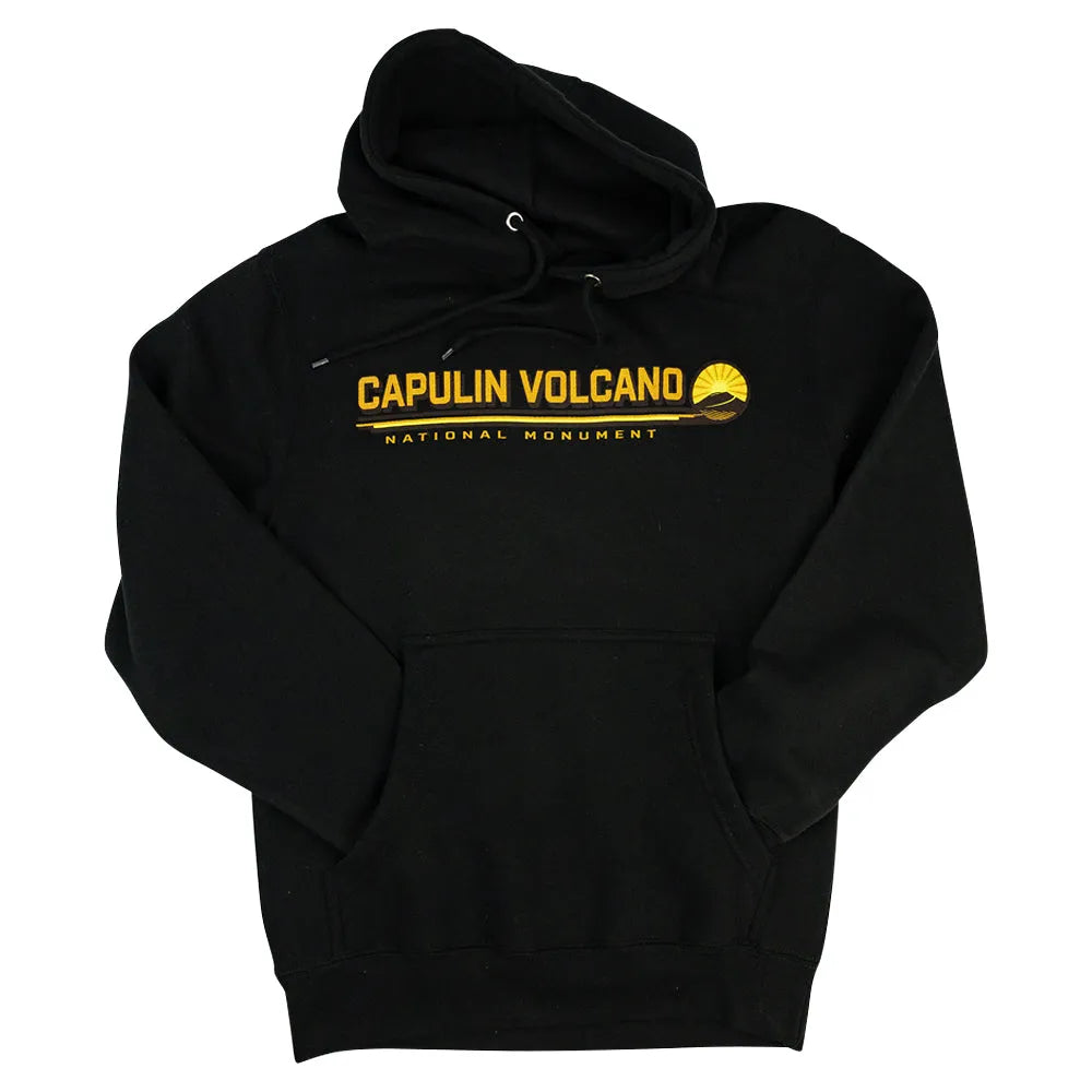 Black hoodie with yellow text and logo on a white background