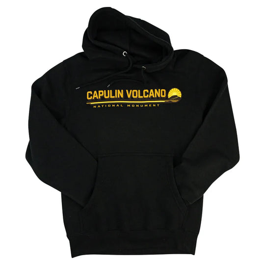 Black hoodie with yellow text and logo on a white background