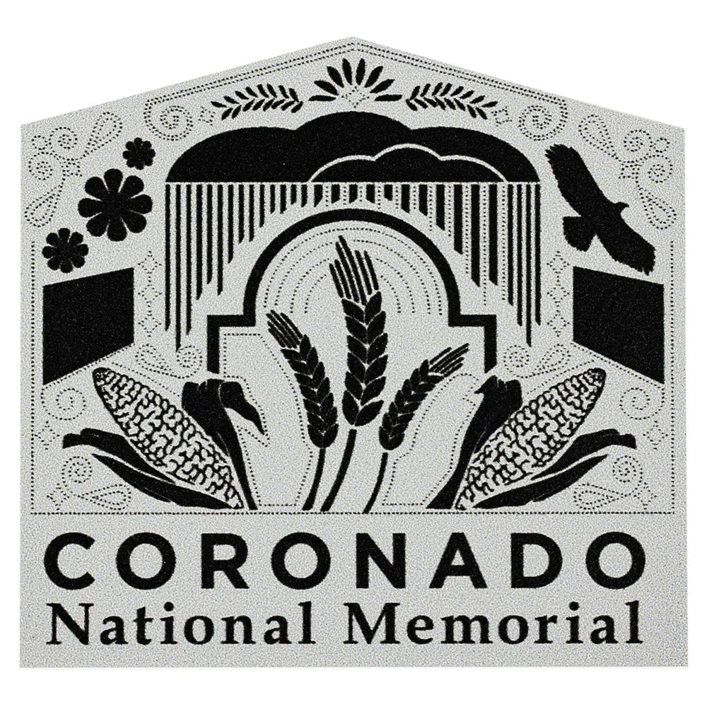 Decorative emblem sticker with corn stalks, an eagle, and floral elements above 'Coronado National Memorial'.