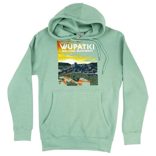 Mint green hoodie with Wupatki National Monument graphic on a white background