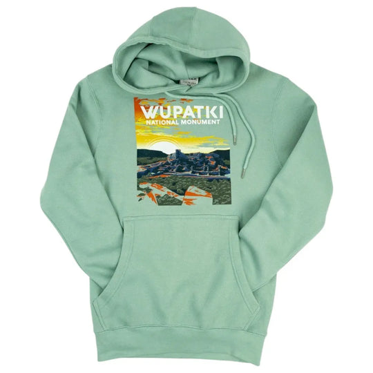 Mint green hoodie with Wupatki National Monument graphic on a white background
