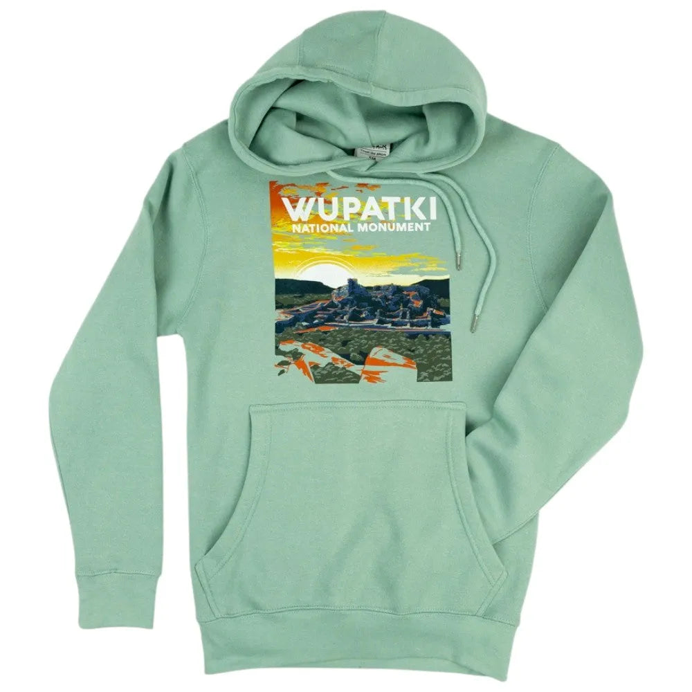 Mint green hoodie with Wupatki National Monument graphic on a white background