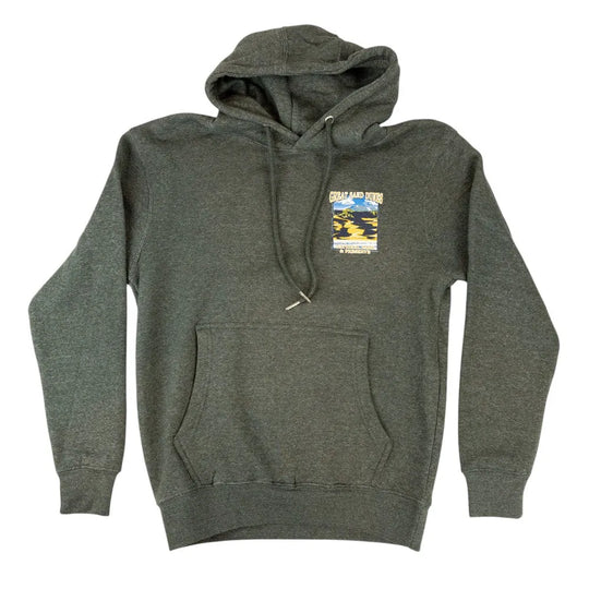 Gray hoodie with a Great Sand Dunes National Park graphic on the chest against a white background