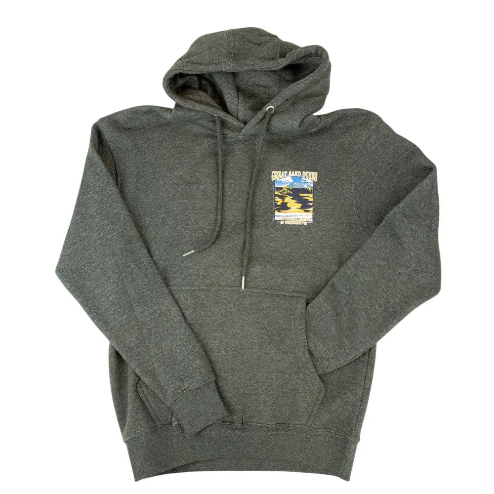 Gray hoodie with a graphic on the chest against a white background