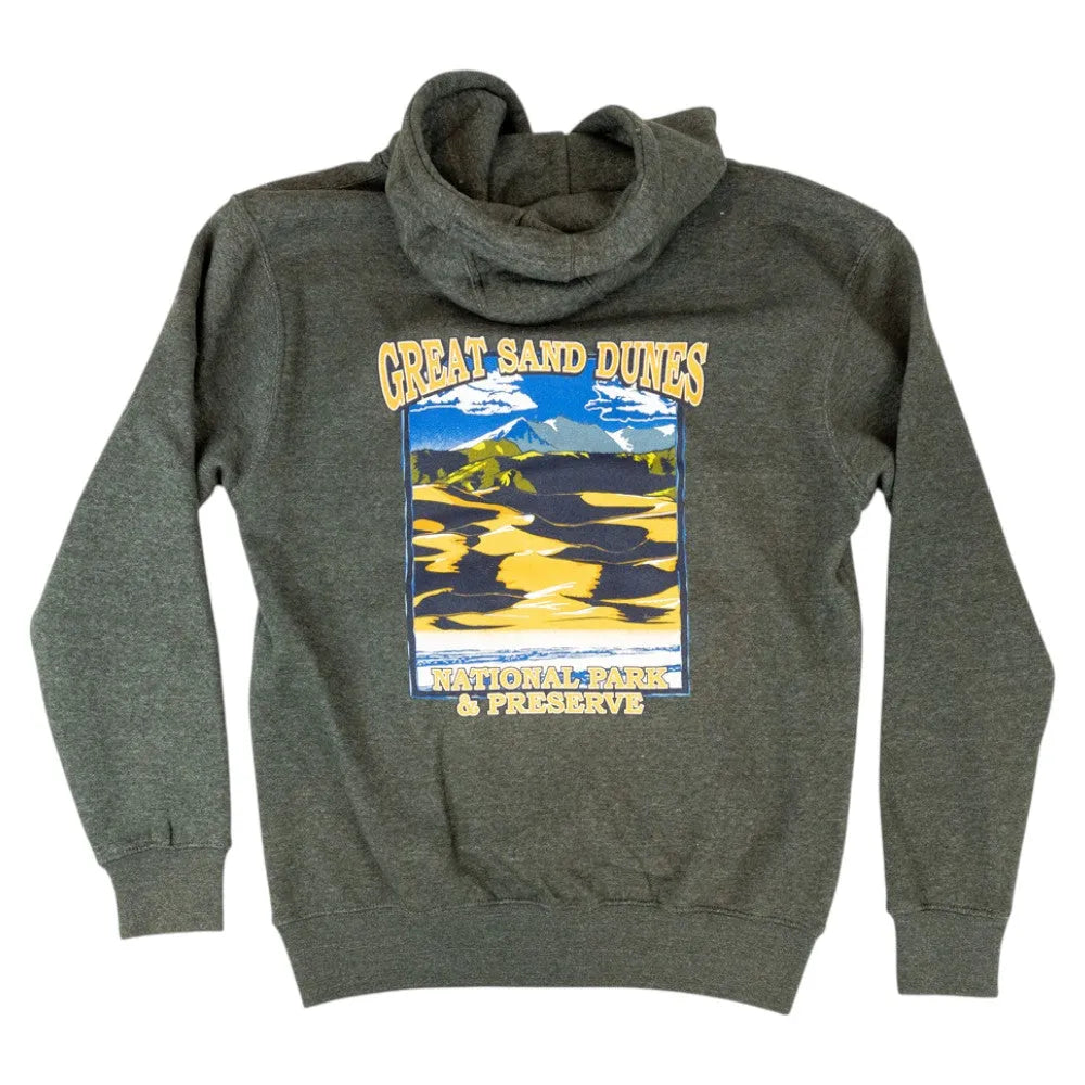 Gray hoodie with 'Great Sand Dunes National Park & Preserve' graphic on a white background