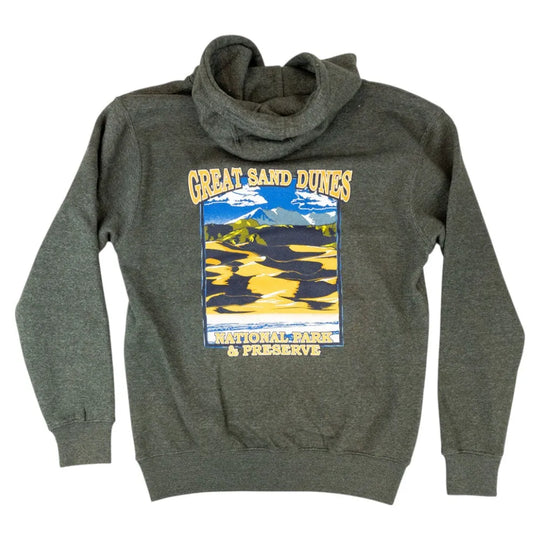 Gray hoodie with 'Great Sand Dunes National Park & Preserve' graphic on a white background