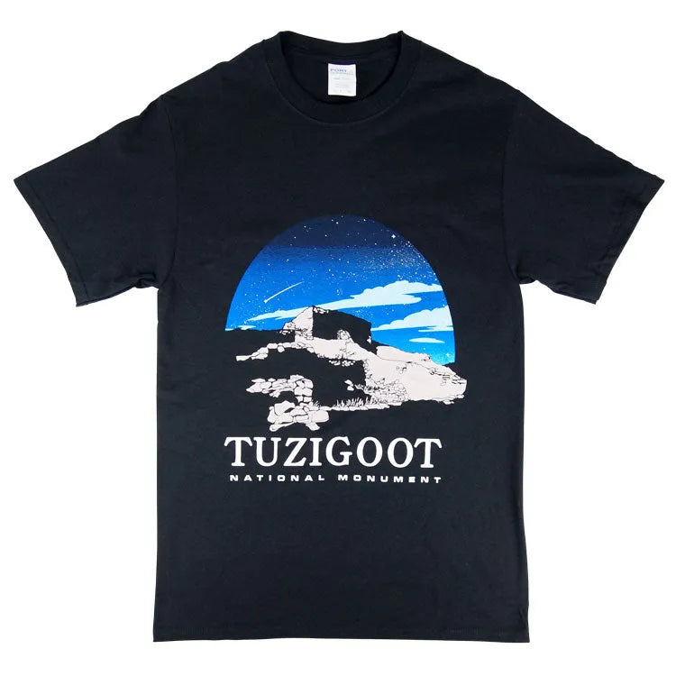 Black T-shirt featuring a graphic print of Tuzigoot National Monument with a night sky background.
